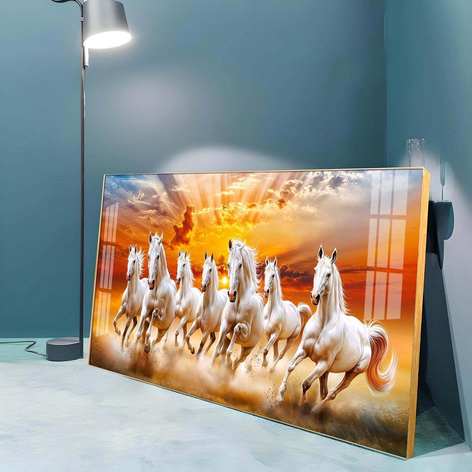 Vastu Success Seven Horses Acrylic Wall Decor Scenic Sunset Sky