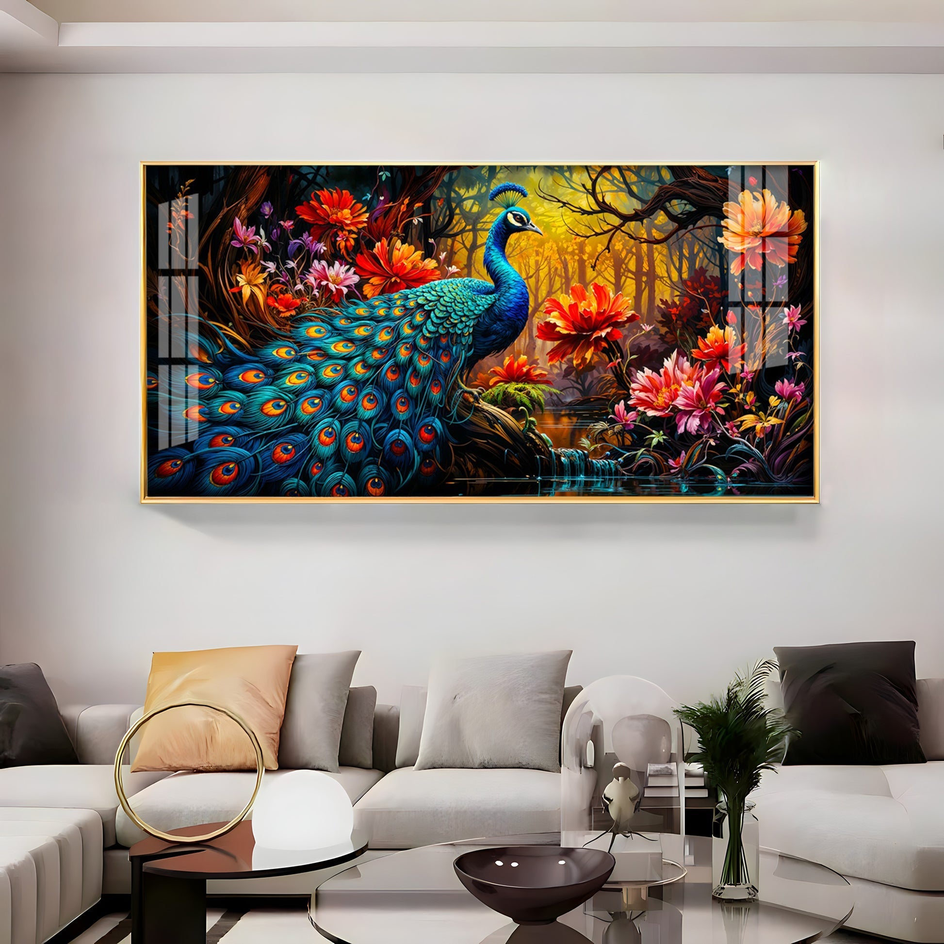 Surreal Peacock With Red Blossom Premium Acrylic Horizontal Wall Art