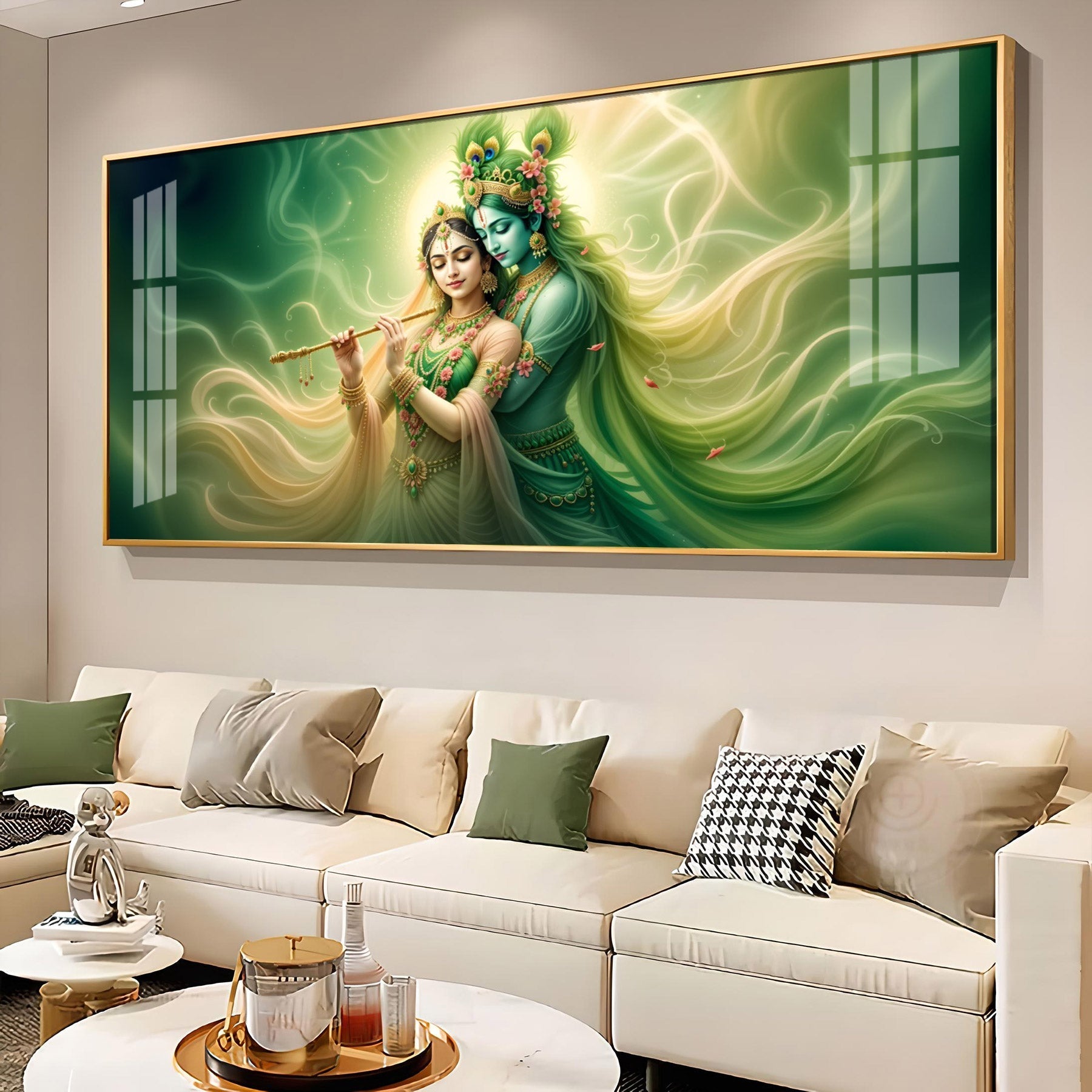 Radha Krishna Divine Flute Melodies Acrylic Wall Art with Green Aura