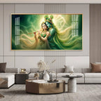 Radha Krishna Divine Flute Melodies Acrylic Wall Art with Green Aura