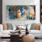 Radha Krishna Modern Abstract Acrylic Wall Art with Flute and Peacock