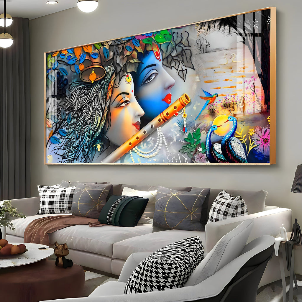 Radha Krishna Modern Abstract Acrylic Wall Art with Flute and Peacock