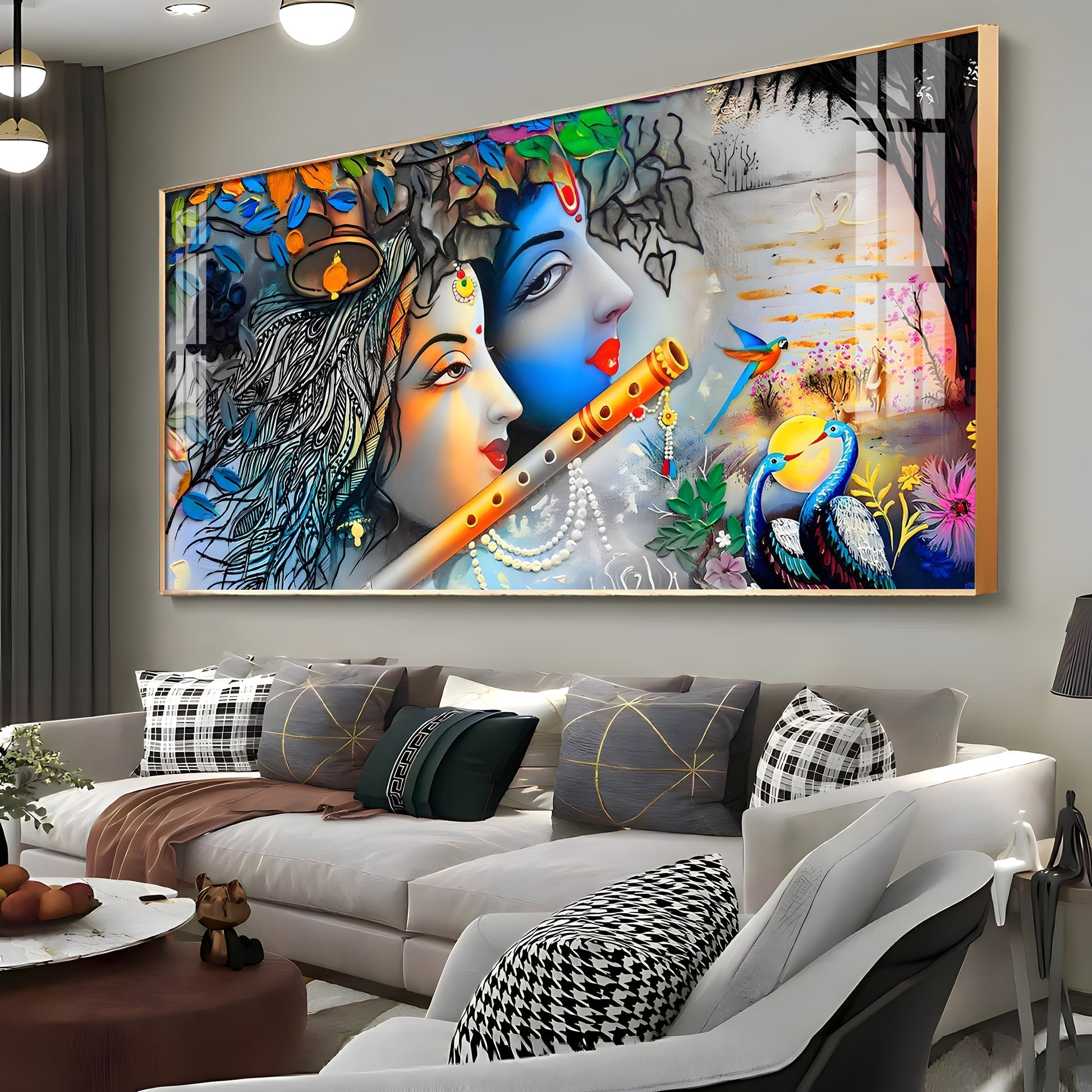 Radha Krishna Modern Abstract Acrylic Wall Art with Flute and Peacock
