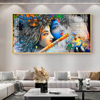 Radha Krishna Modern Abstract Acrylic Wall Art with Flute and Peacock