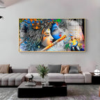Radha Krishna Modern Abstract Acrylic Wall Art with Flute and Peacock
