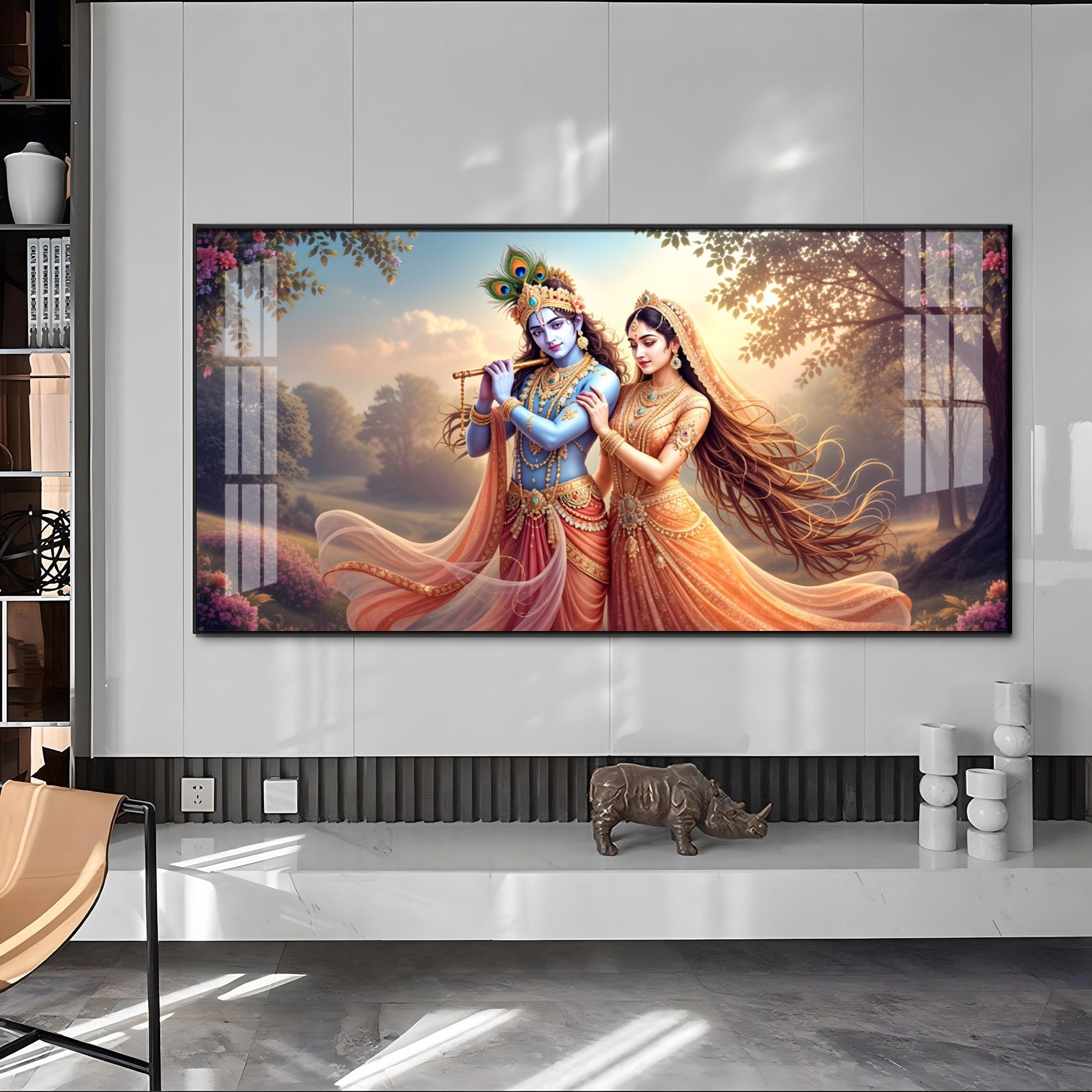 Luxury Radha Krishna Eternal Bond Acrylic Wall Art with Floral Accents