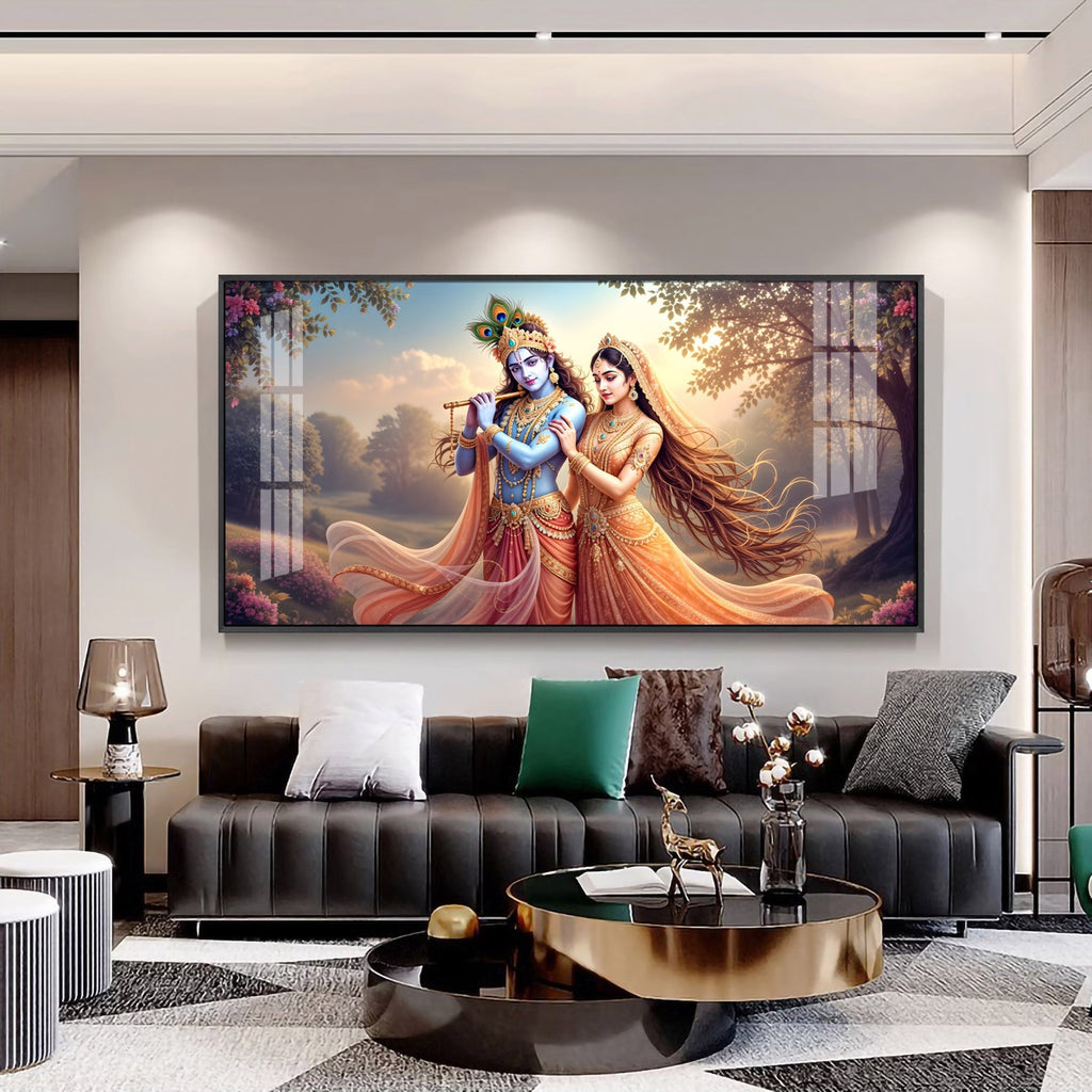 Luxury Radha Krishna Eternal Bond Acrylic Wall Art with Floral Accents
