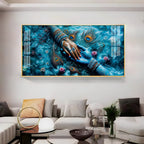 Radha Krishna Divine Hands Acrylic Wall Art with Peacock Feathers and Lotus