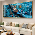 Radha Krishna Divine Hands Acrylic Wall Art with Peacock Feathers and Lotus