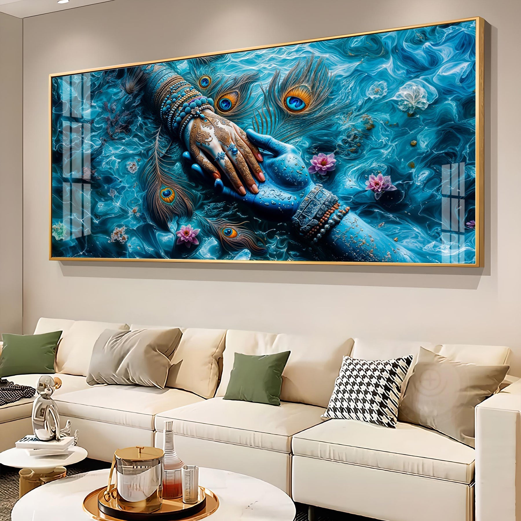 Radha Krishna Divine Hands Acrylic Wall Art with Peacock Feathers and Lotus