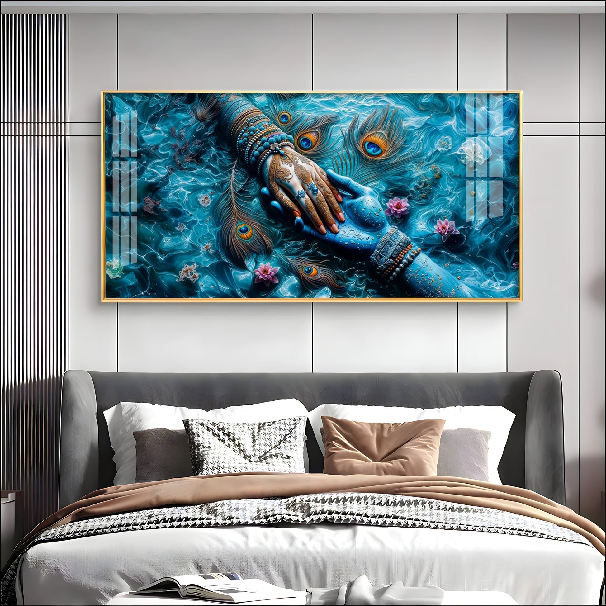 Radha Krishna Divine Hands Acrylic Wall Art with Peacock Feathers and Lotus