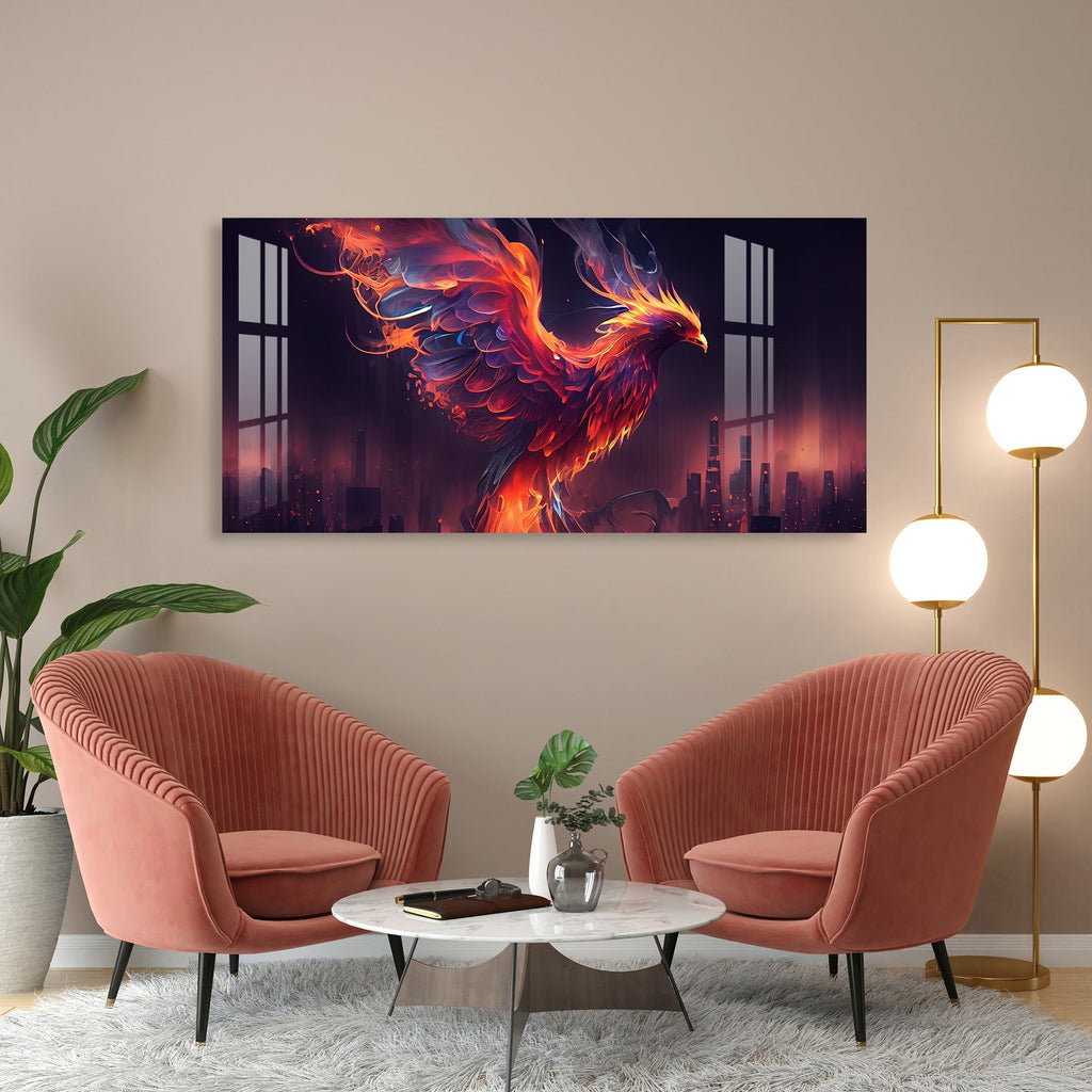 Fiery Phoenix Acrylic Wall Painting with Modern Abstract City Background