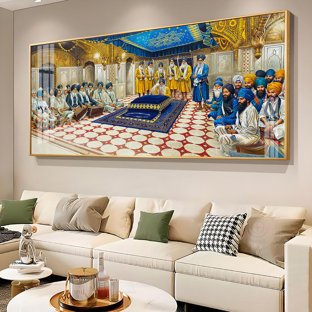 Spiritual Gurudwara Scene Acrylic Wall Painting with Devotional Gathering