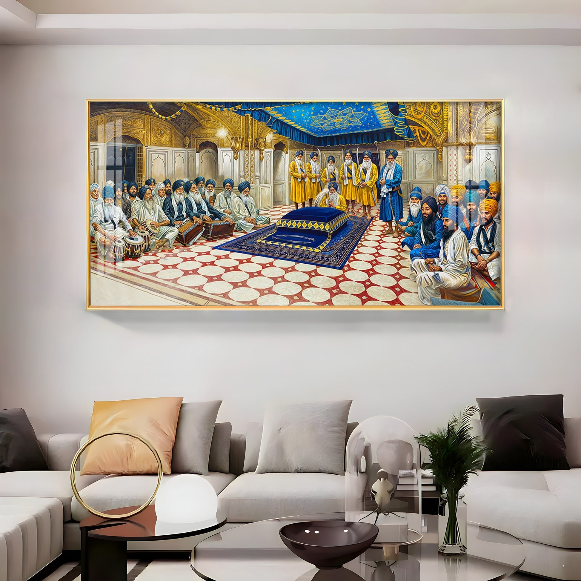 Spiritual Gurudwara Scene Acrylic Wall Painting with Devotional Gathering