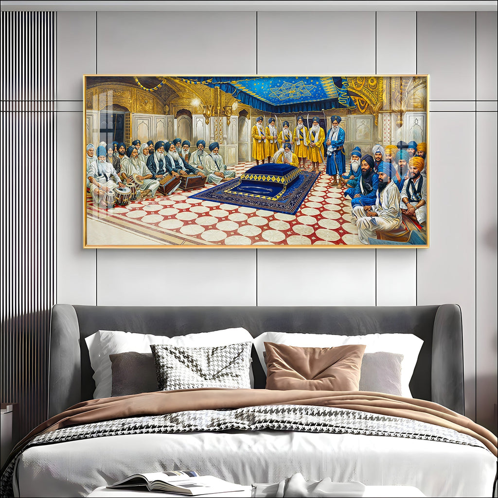 Spiritual Gurudwara Scene Acrylic Wall Painting with Devotional Gathering