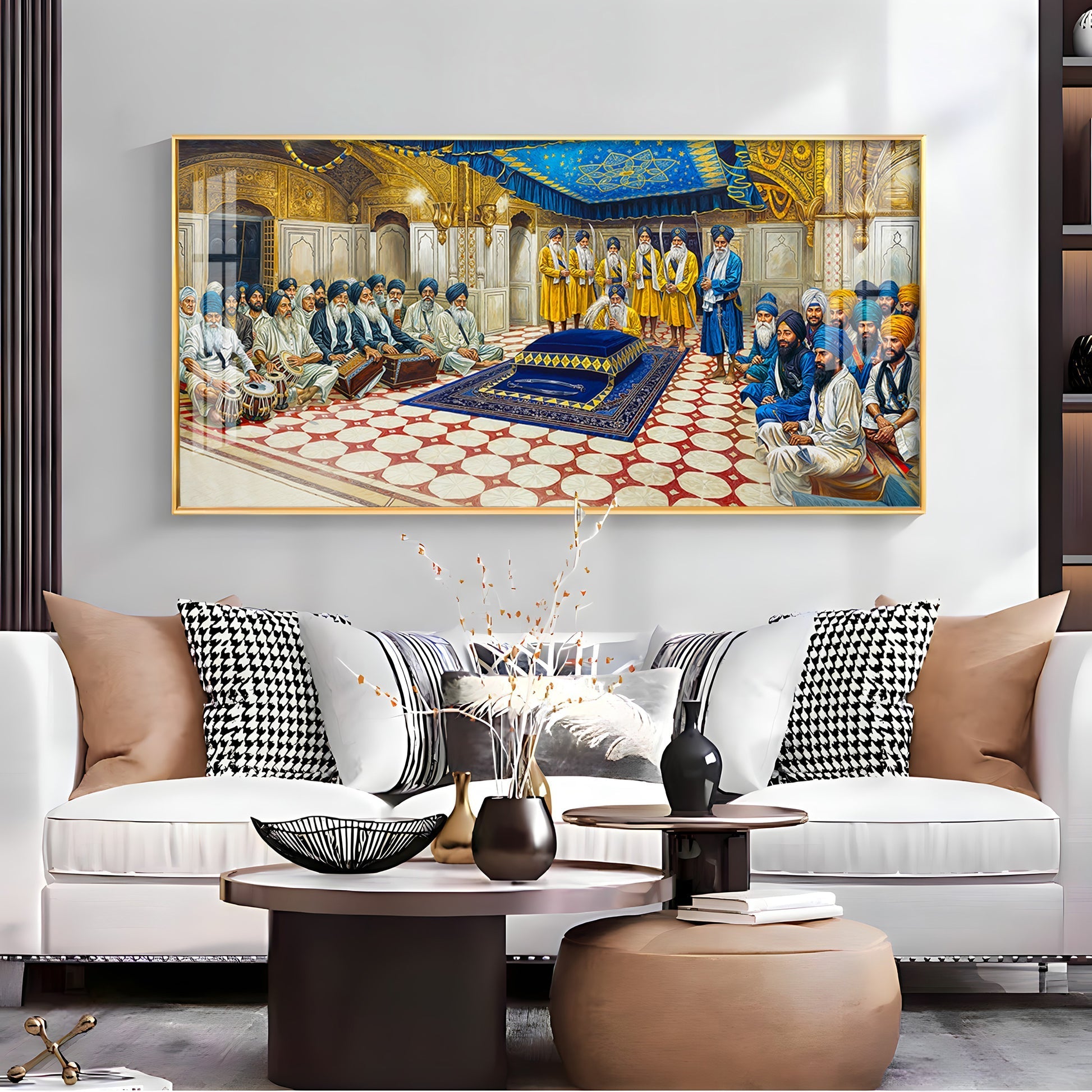 Spiritual Gurudwara Scene Acrylic Wall Painting with Devotional Gathering