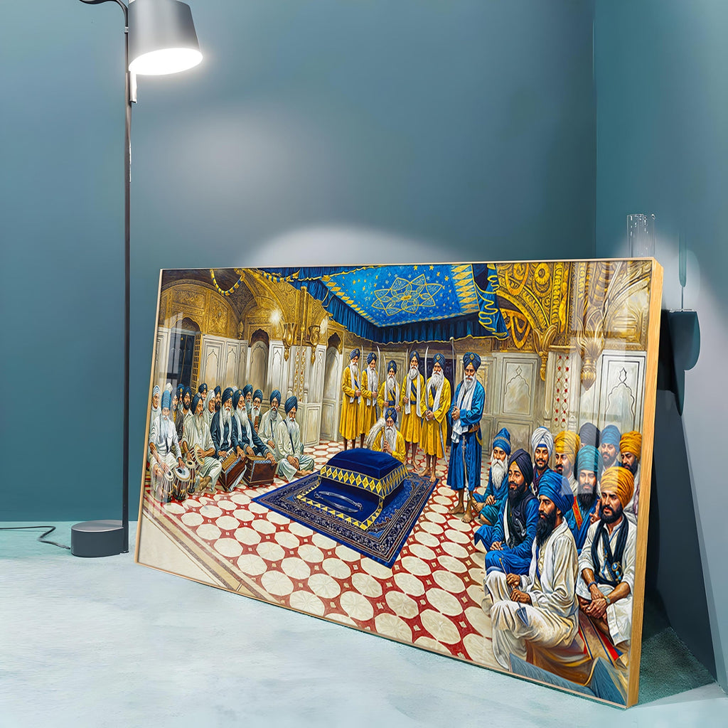 Spiritual Gurudwara Scene Acrylic Wall Painting with Devotional Gathering