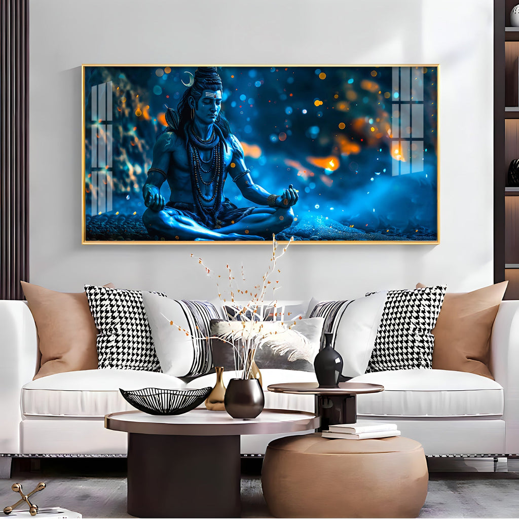 Spiritual Shiva Meditation Acrylic Wall Painting with Mystical Blue Theme