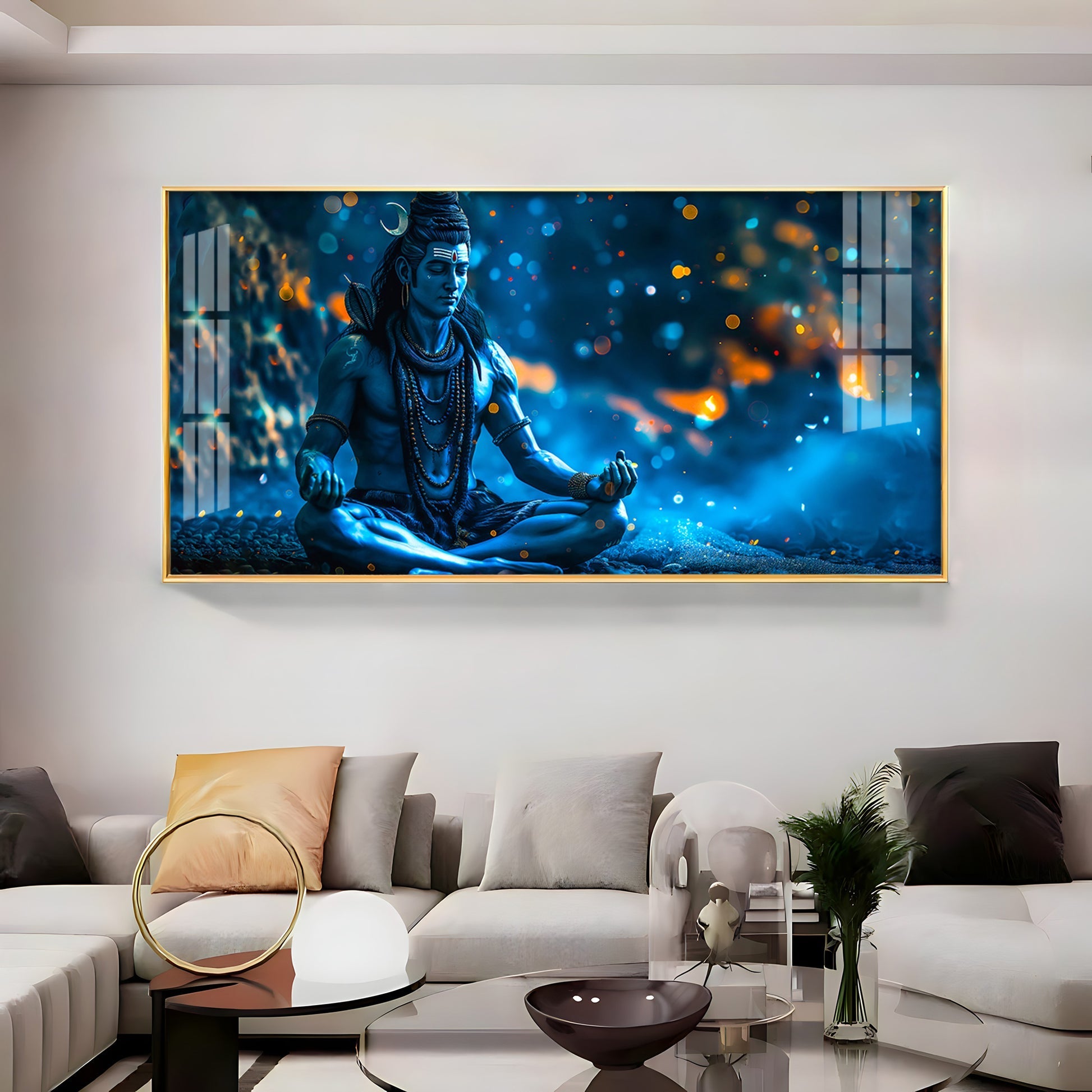 Spiritual Shiva Meditation Acrylic Wall Painting with Mystical Blue Theme