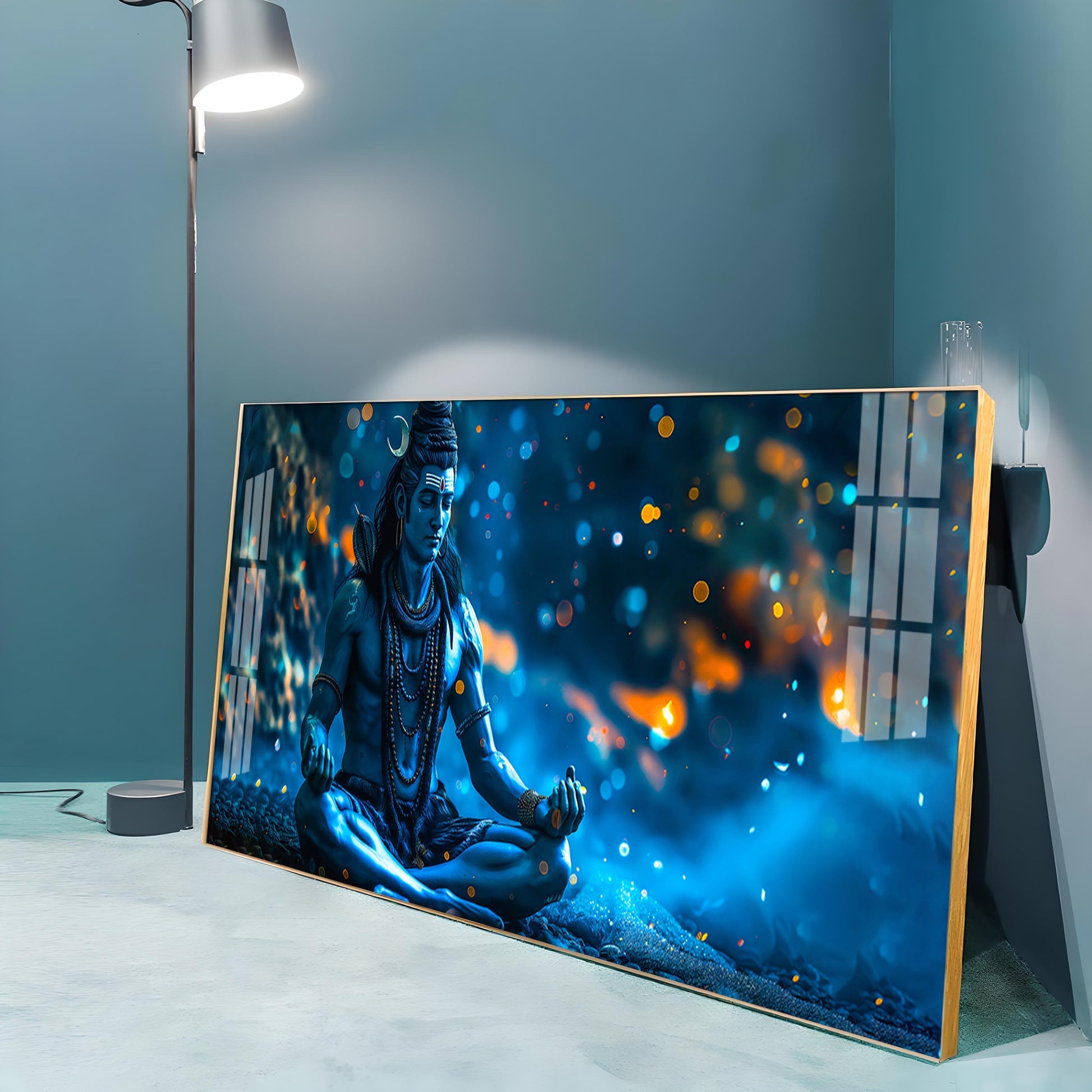 Spiritual Shiva Meditation Acrylic Wall Painting with Mystical Blue Theme