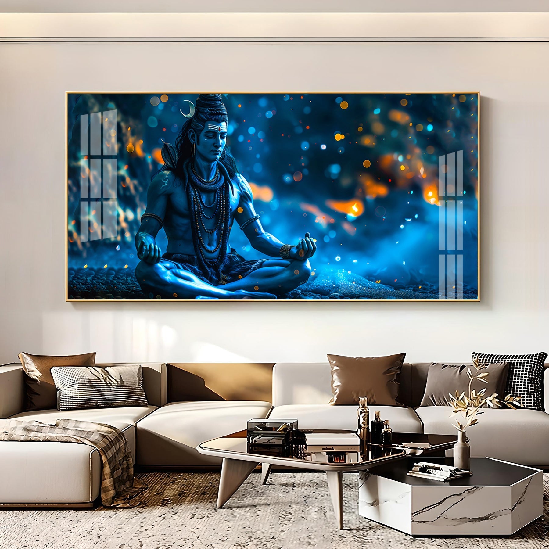 Spiritual Shiva Meditation Acrylic Wall Painting with Mystical Blue Theme