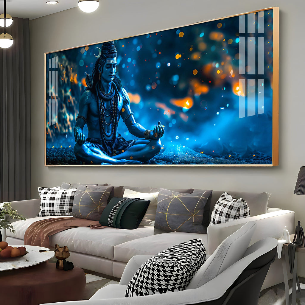 Spiritual Shiva Meditation Acrylic Wall Painting with Mystical Blue Theme
