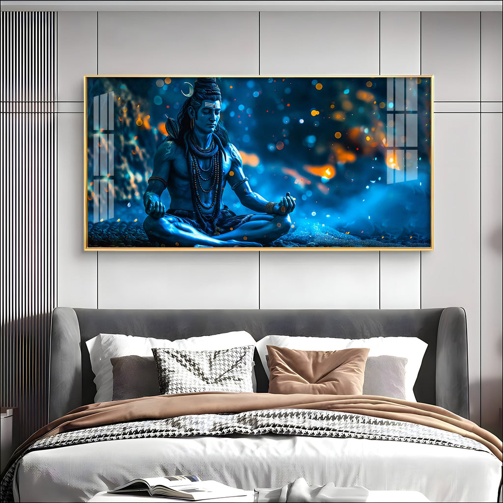 Spiritual Shiva Meditation Acrylic Wall Painting with Mystical Blue Theme