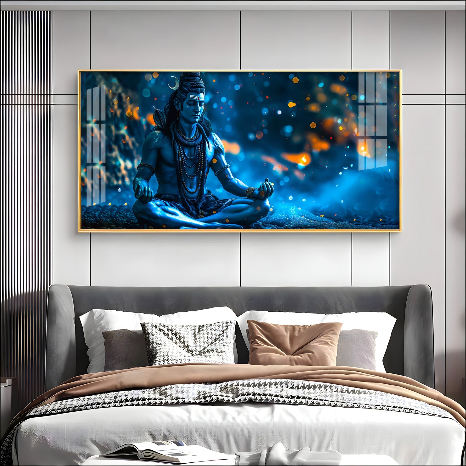 Spiritual Shiva Meditation Acrylic Wall Painting with Mystical Blue Theme