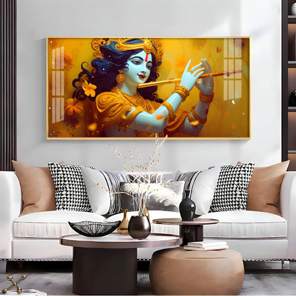 Premium Krishna Flute Acrylic Wall Painting with Vibrant Yellow Theme