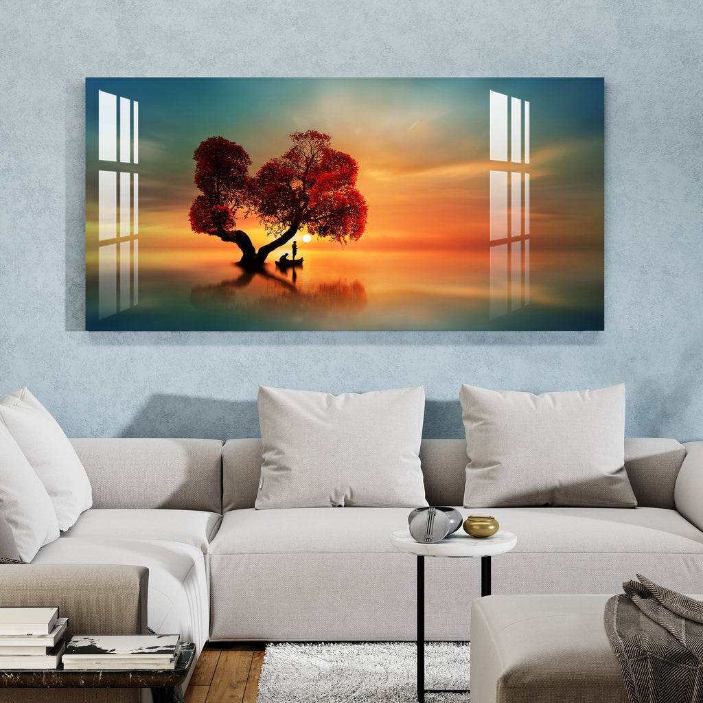 Elegant Sunset Landscape Acrylic Wall Painting with Serene Water Reflection