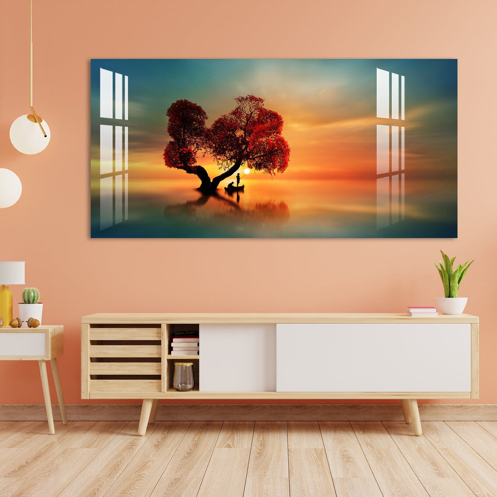 Elegant Sunset Landscape Acrylic Wall Painting with Serene Water Reflection