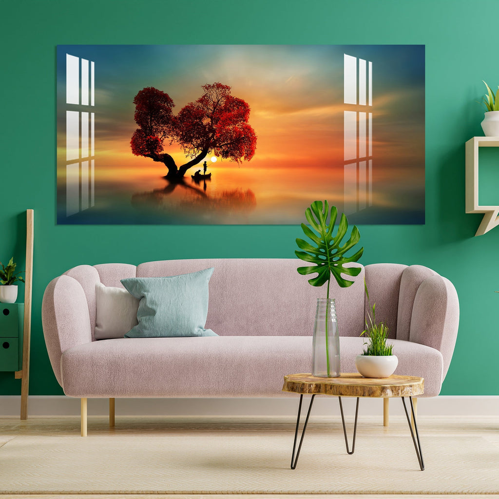 Elegant Sunset Landscape Acrylic Wall Painting with Serene Water Reflection
