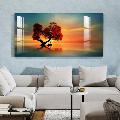 Elegant Sunset Landscape Acrylic Wall Painting with Serene Water Reflection