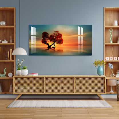 Elegant Sunset Landscape Acrylic Wall Painting with Serene Water Reflection