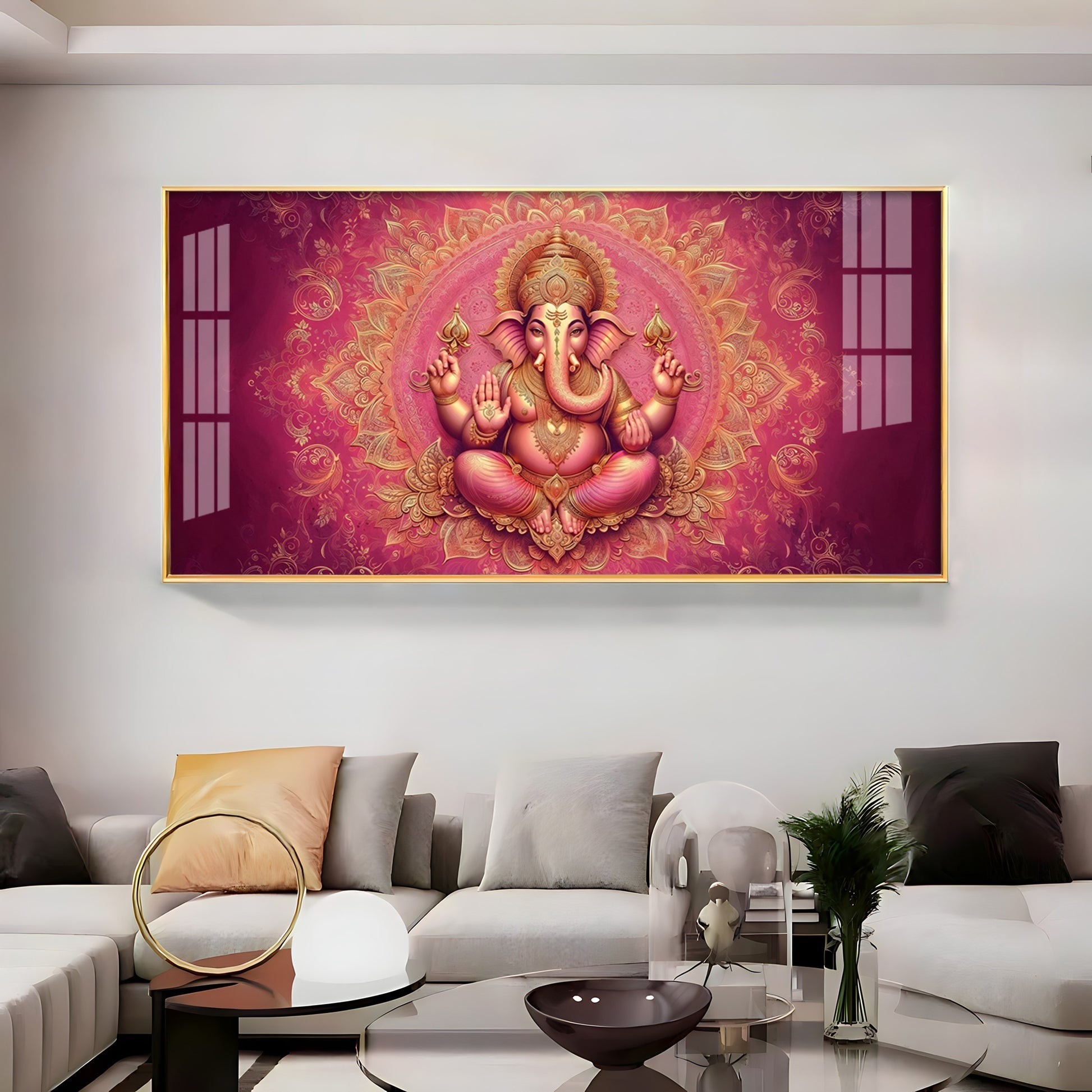 Divine Pink Mandala Lord Ganesha Premium Acrylic Wall Painting for Living Room Decor