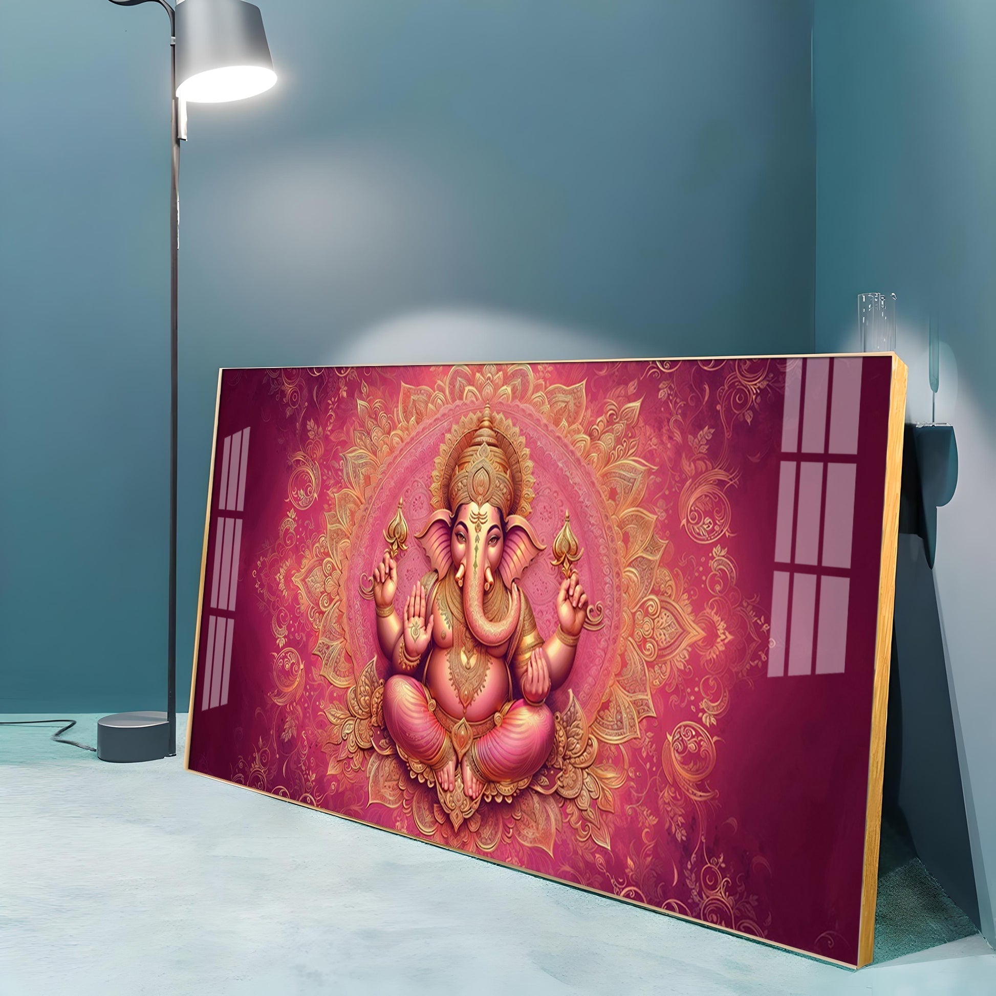 Divine Pink Mandala Lord Ganesha Premium Acrylic Wall Painting for Living Room Decor