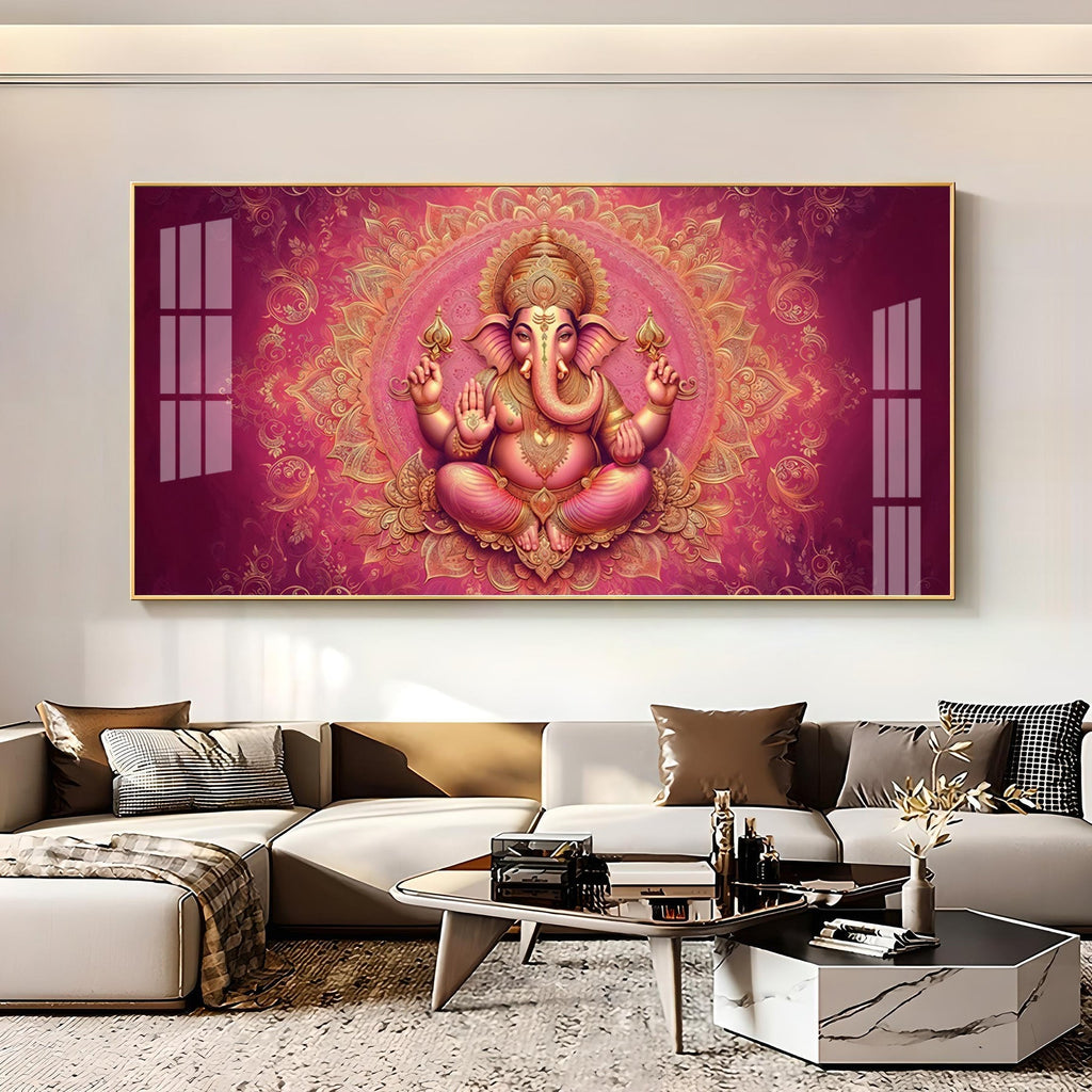 Divine Pink Mandala Lord Ganesha Premium Acrylic Wall Painting for Living Room Decor