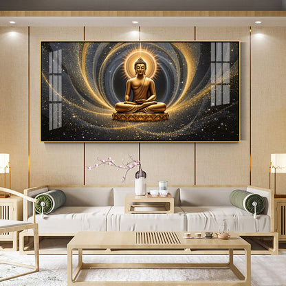 Divine Golden Buddha Meditation Cosmic Aura Premium Acrylic Wall Painting