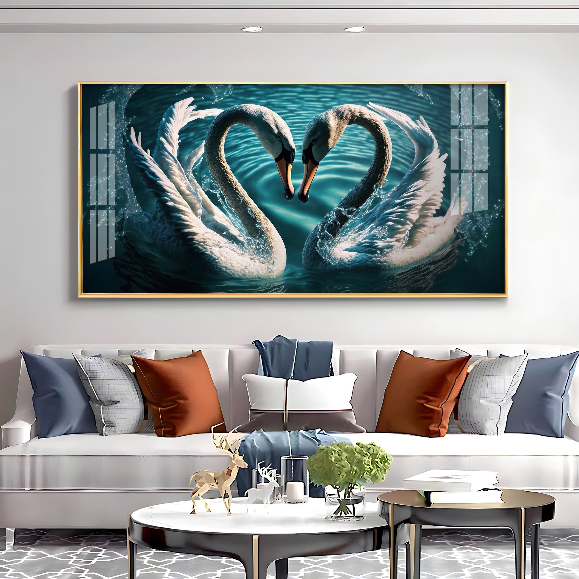 Elegant White Swan Pair Symbol of Love Designer Acrylic Wall Painting
