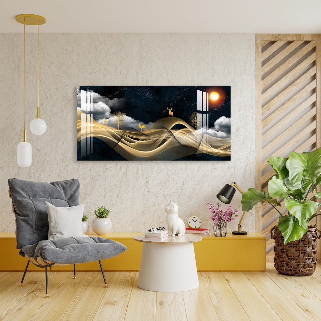 Luxury Golden Wave Landscape Deer Night Theme Premium Acrylic Wall Painting