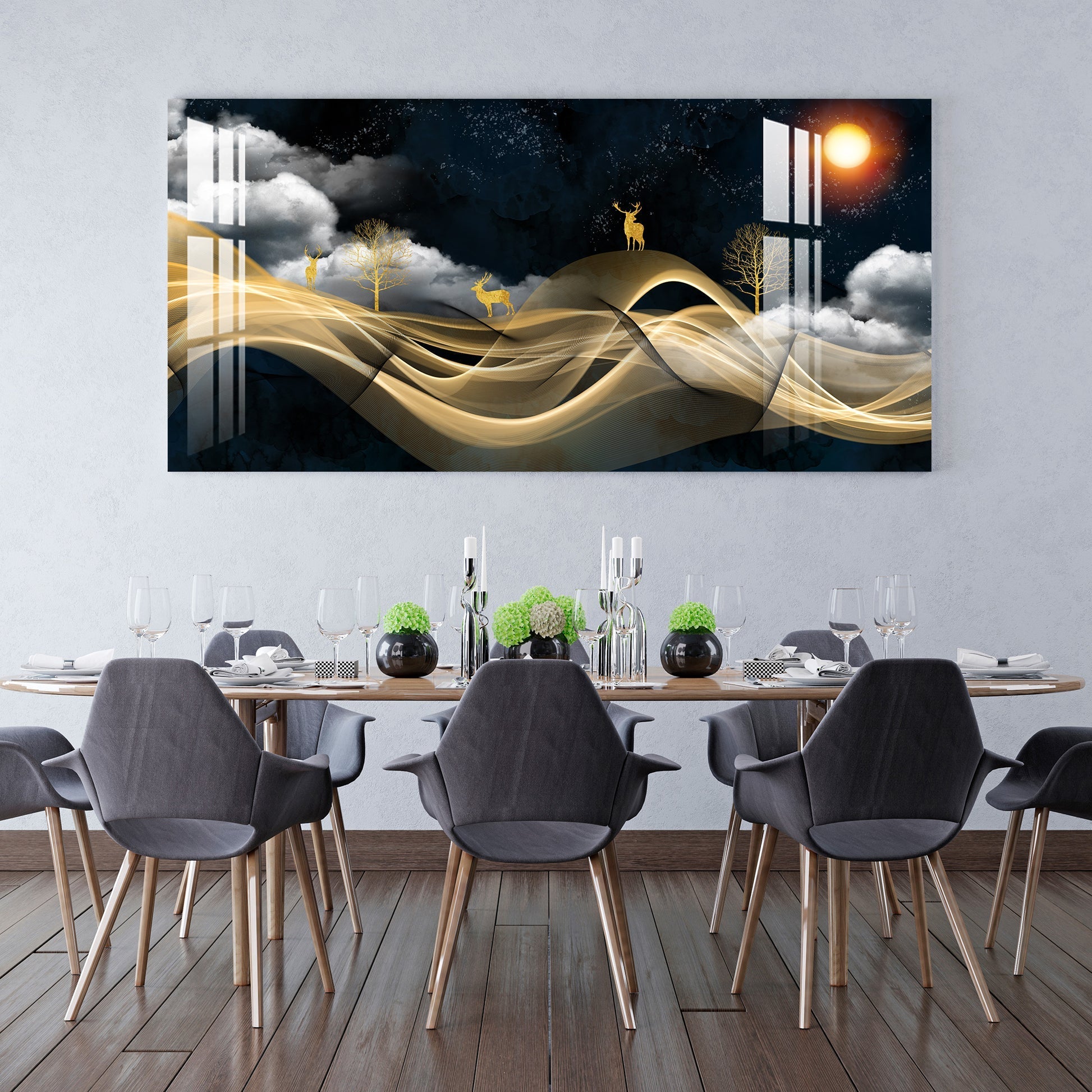 Luxury Golden Wave Landscape Deer Night Theme Premium Acrylic Wall Painting