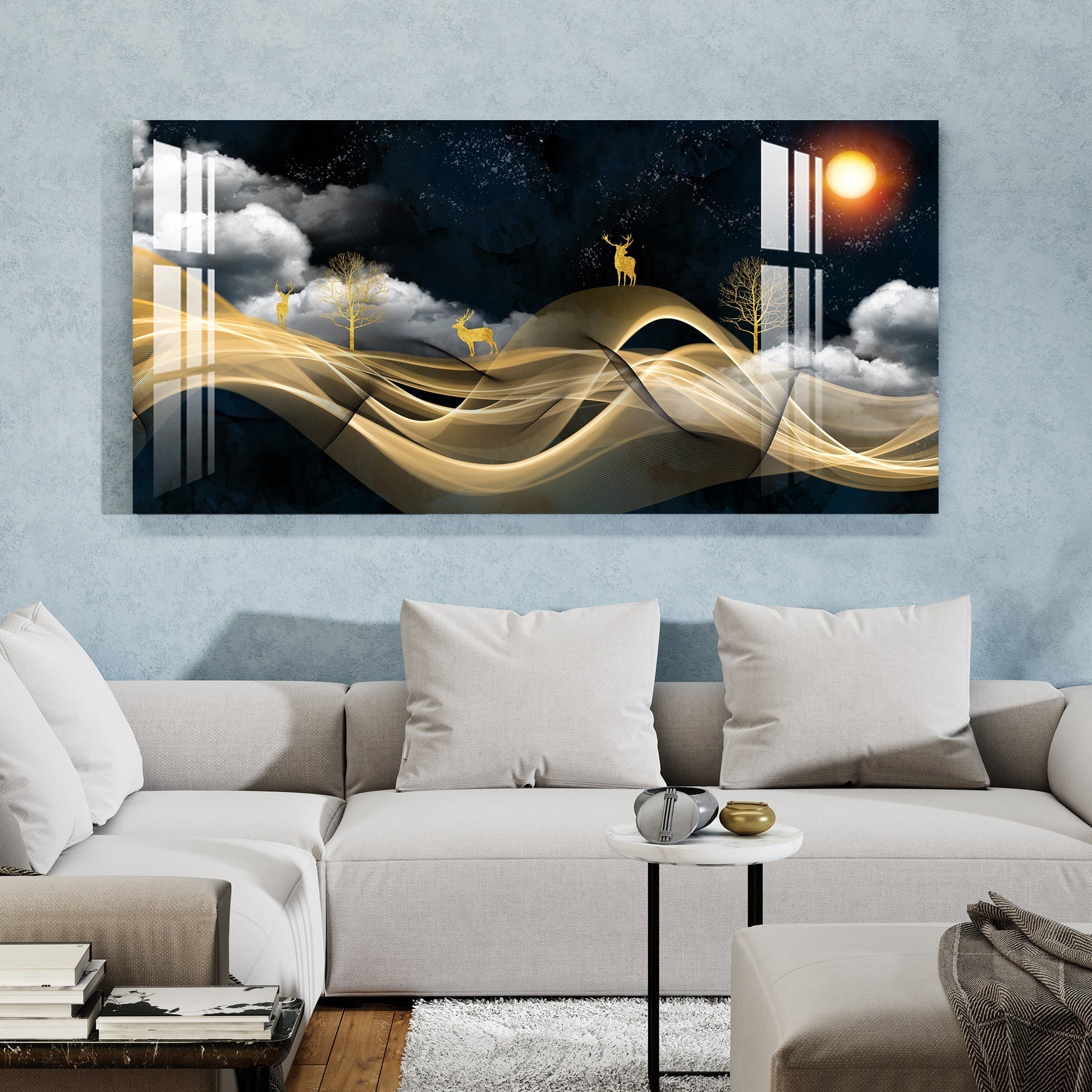 Luxury Golden Wave Landscape Deer Night Theme Premium Acrylic Wall Painting