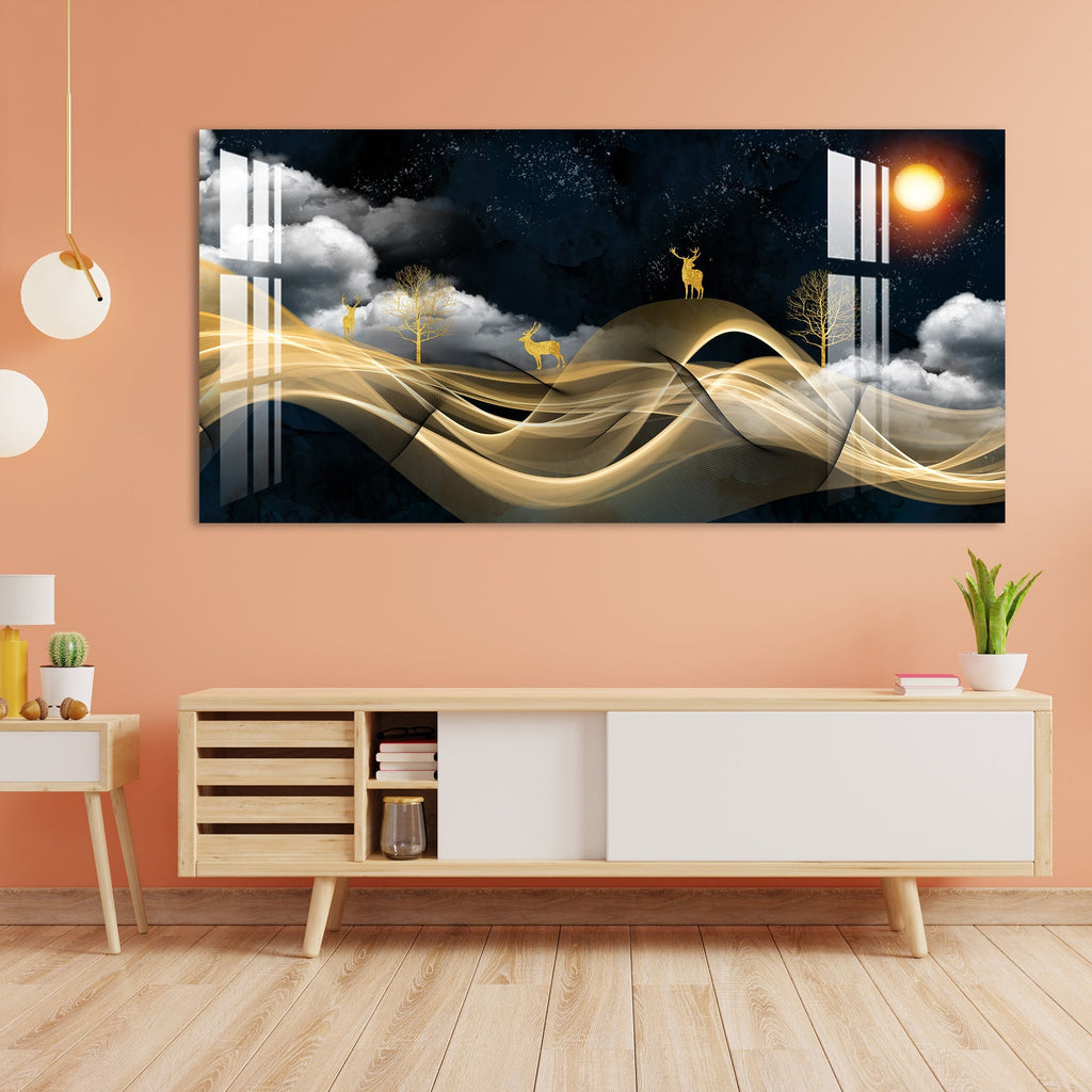 Luxury Golden Wave Landscape Deer Night Theme Premium Acrylic Wall Painting
