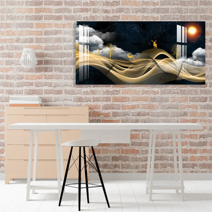Luxury Golden Wave Landscape Deer Night Theme Premium Acrylic Wall Painting
