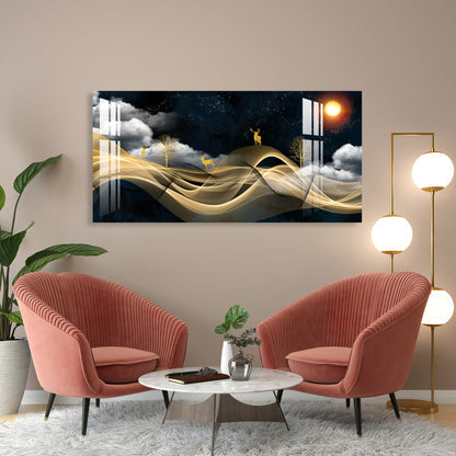 Luxury Golden Wave Landscape Deer Night Theme Premium Acrylic Wall Painting