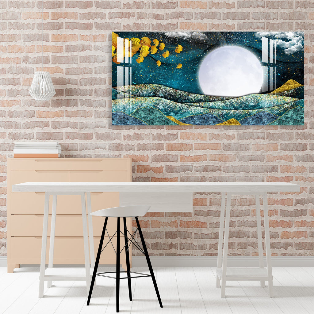 Elegant Blue Gold Moonlight Abstract Landscape Premium Acrylic Wall Painting
