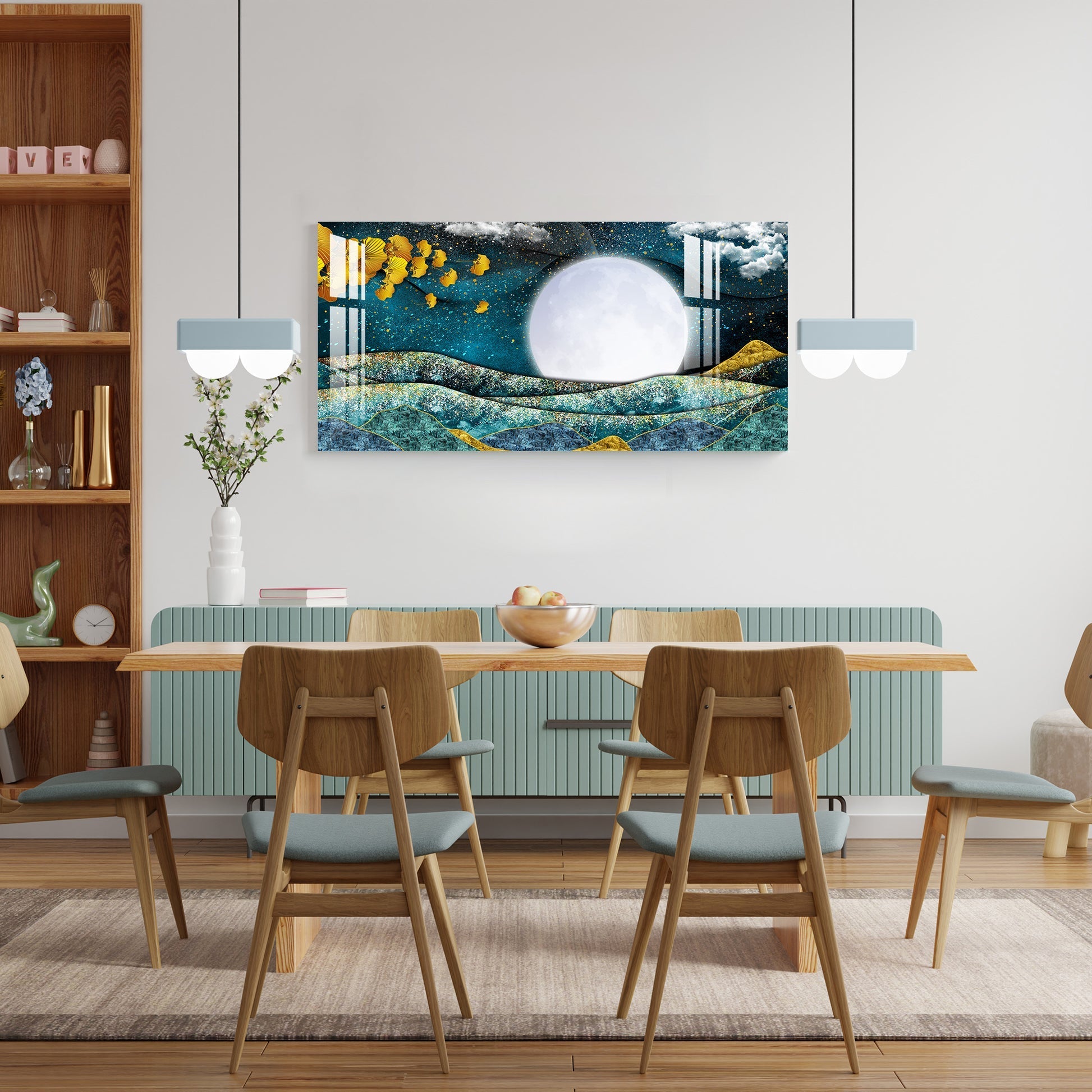 Elegant Blue Gold Moonlight Abstract Landscape Premium Acrylic Wall Painting