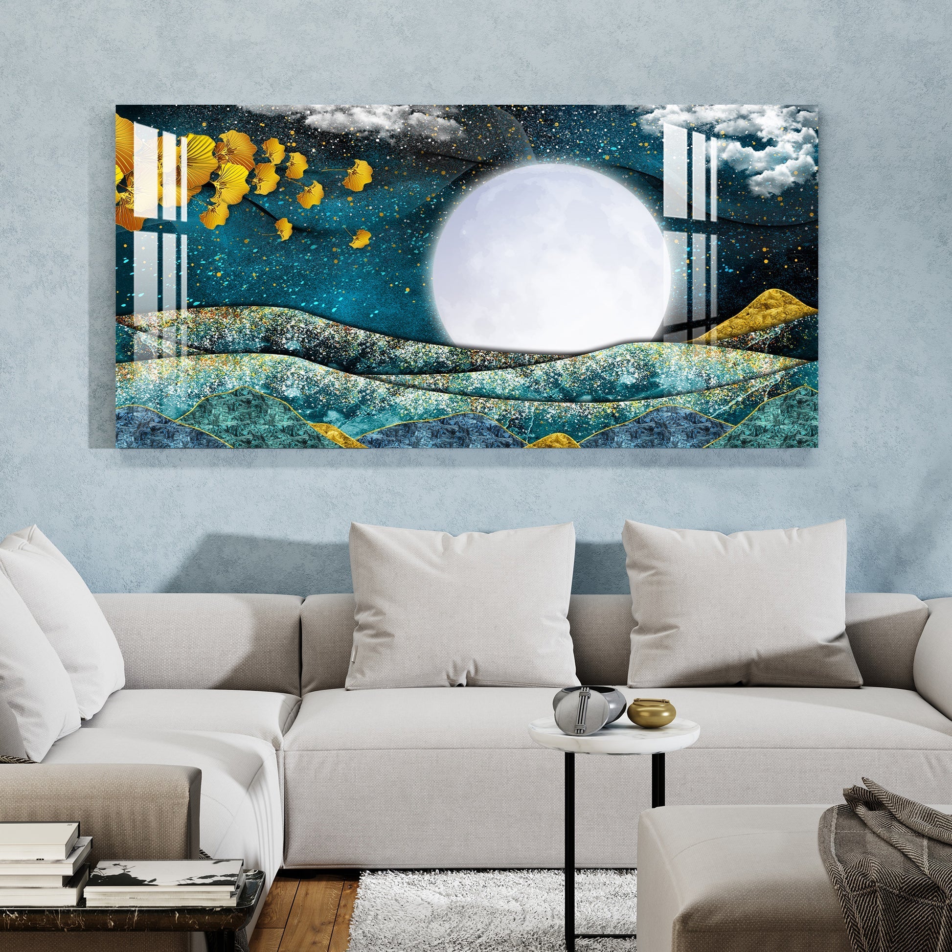 Elegant Blue Gold Moonlight Abstract Landscape Premium Acrylic Wall Painting