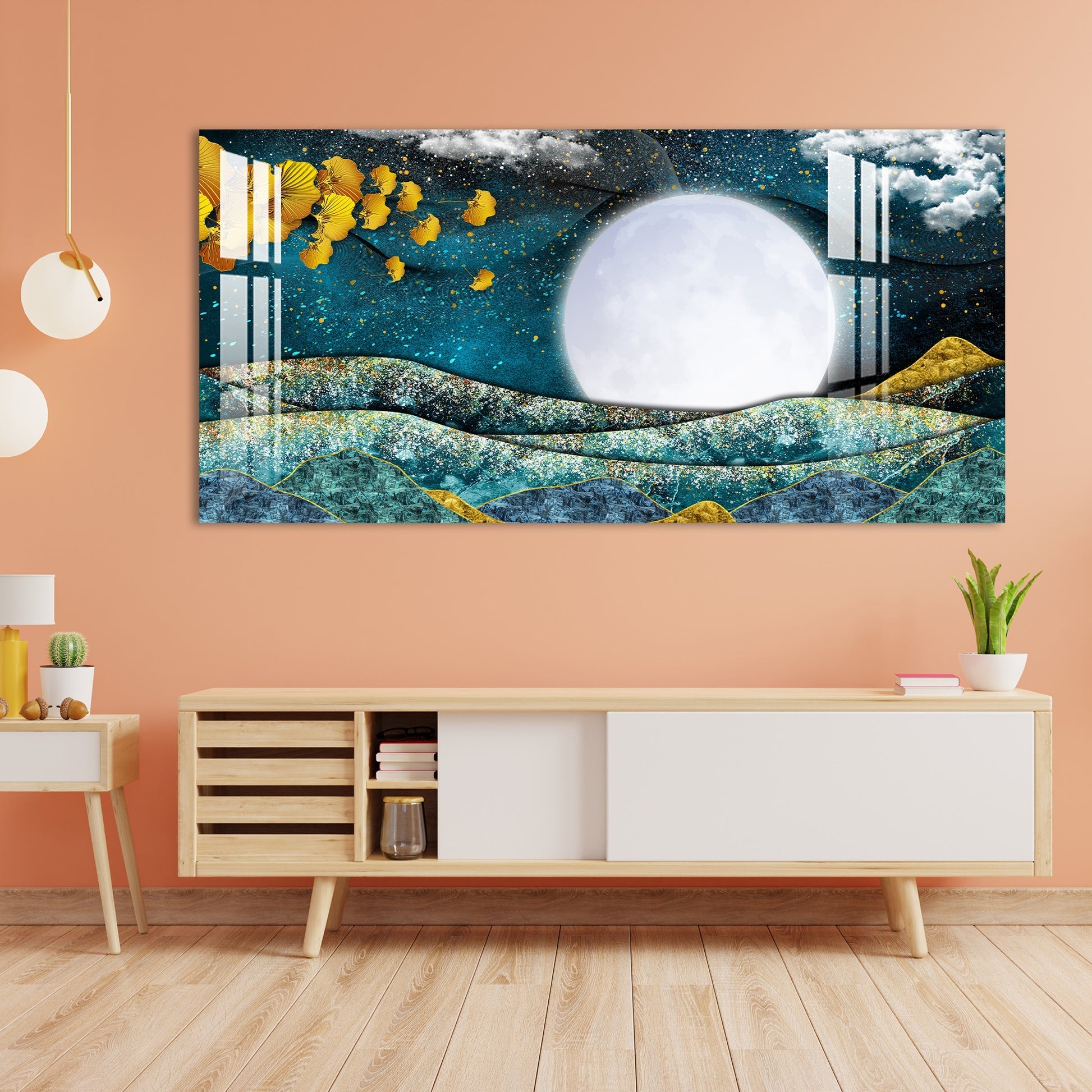 Elegant Blue Gold Moonlight Abstract Landscape Premium Acrylic Wall Painting