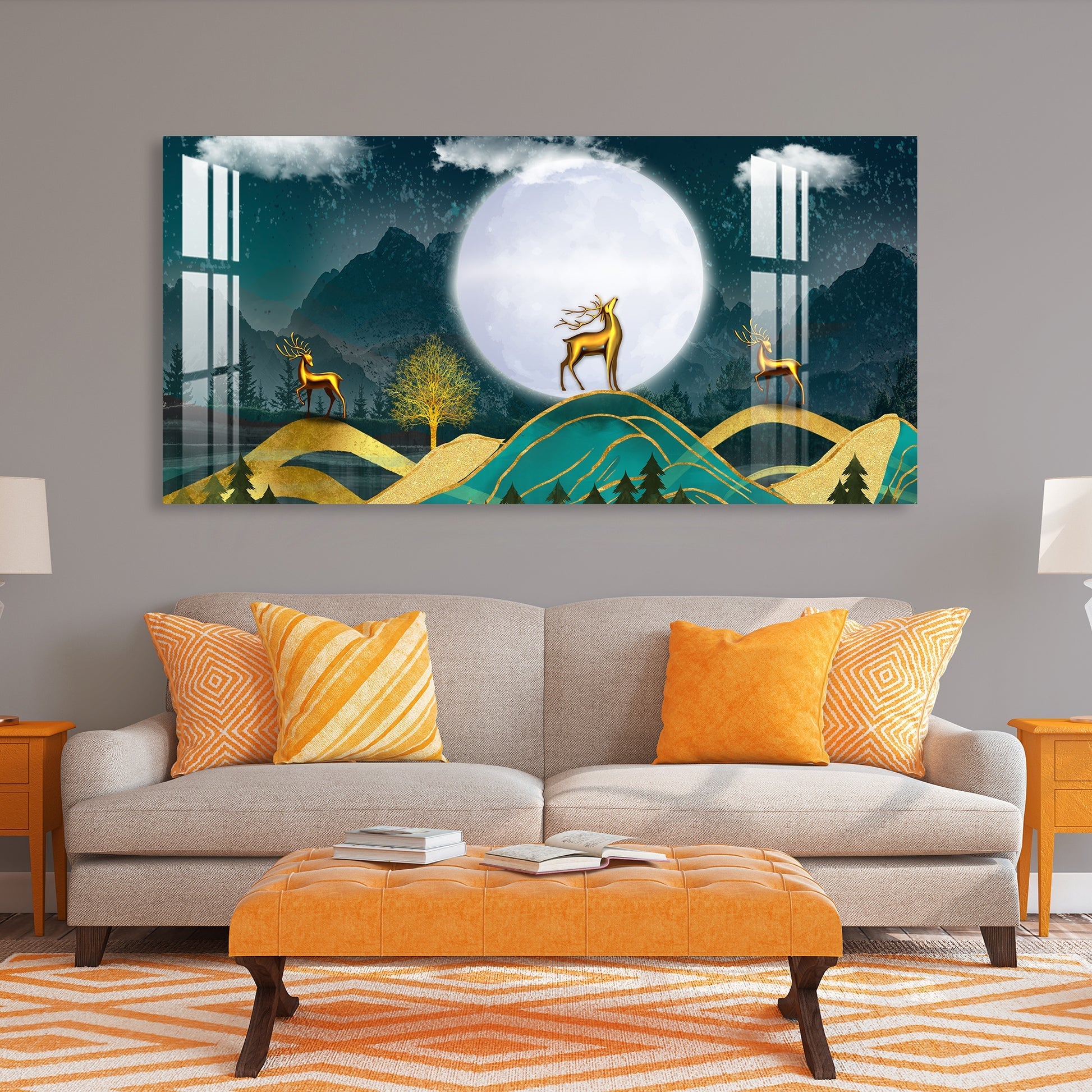 Golden Deer Moonlight Landscape Artistic Premium Acrylic wall painting